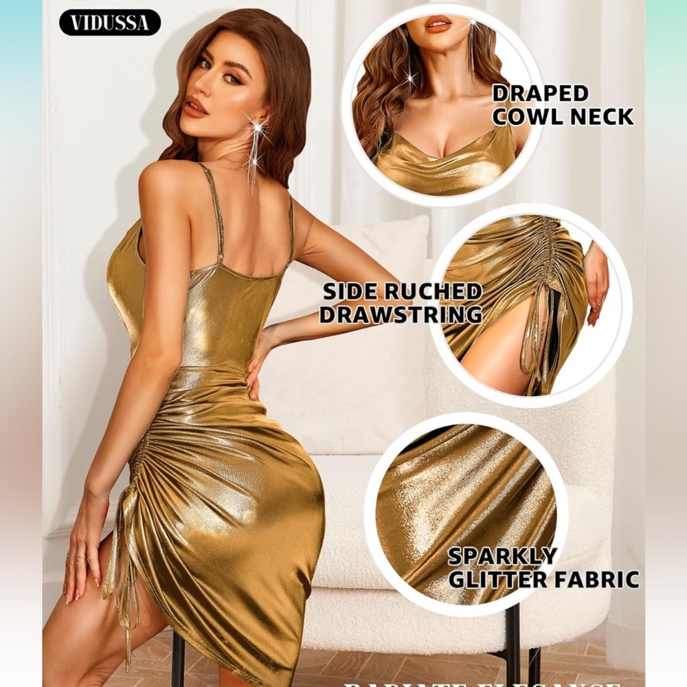 NWT Gold/Bronze Adjustable Length Ruched Dress - Picture 4 of 5